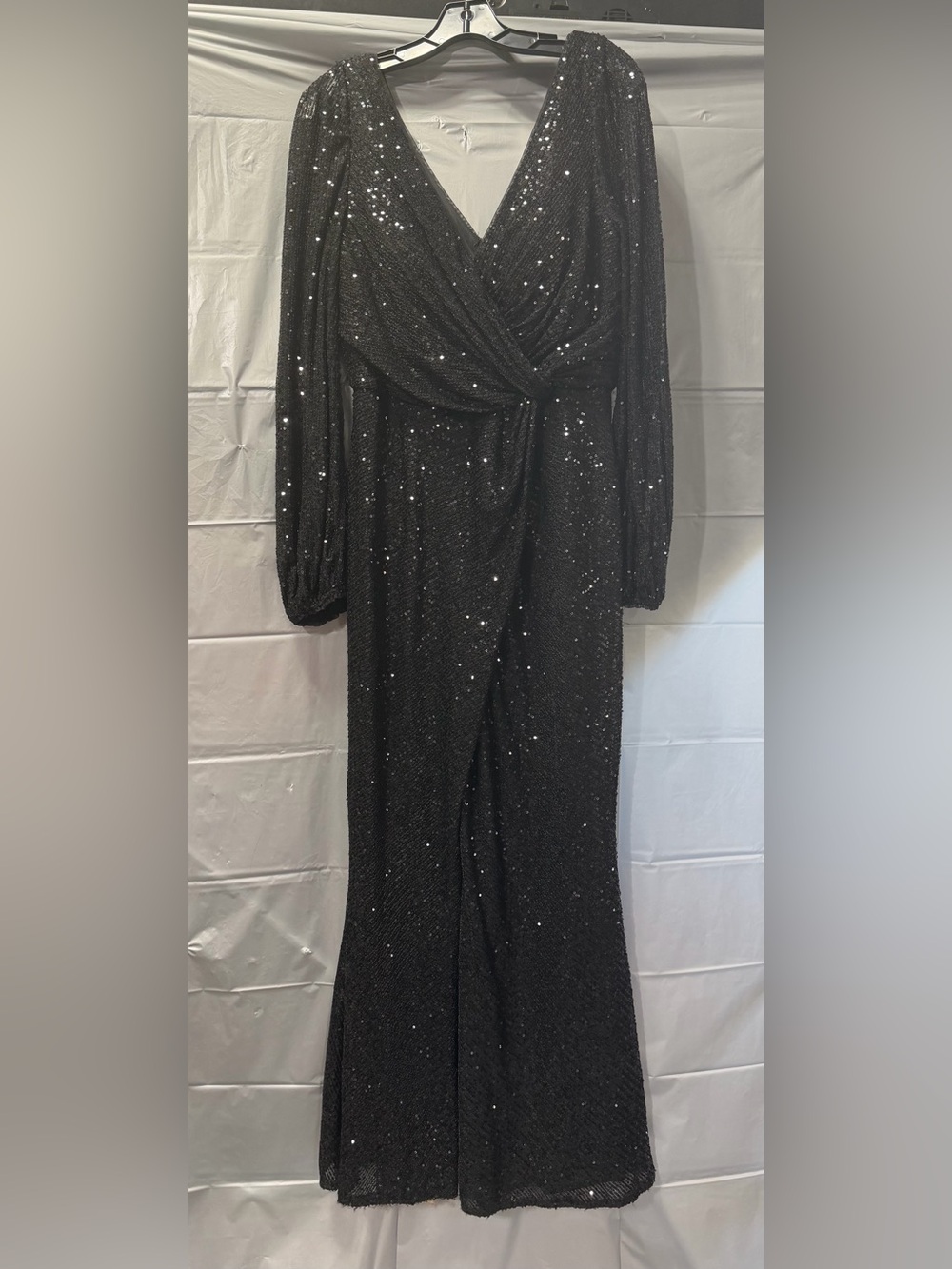 Black Sequin Long-Sleeve Wrap Evening Dress